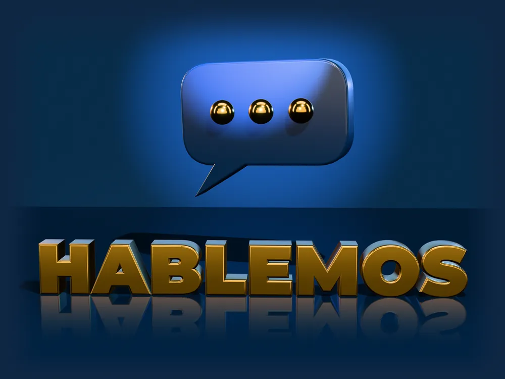 Burbuja de chat en 3D sobre la palabra HABLEMOS en letras doradas