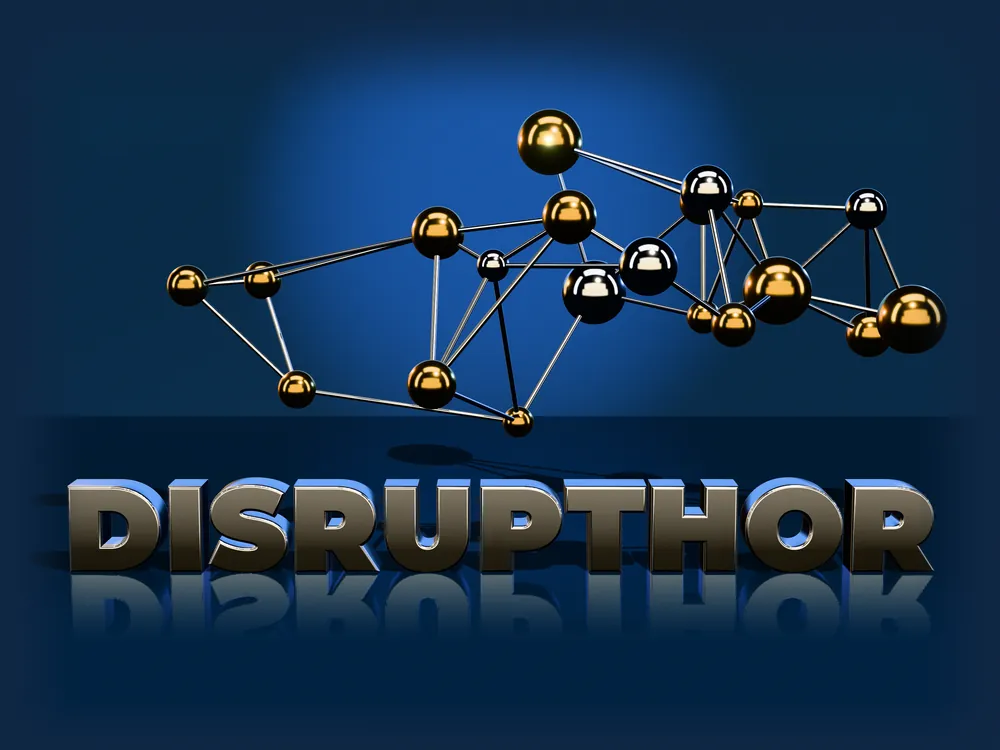 Red de esferas doradas conectadas sobre la palabra DISRUPTHOR en 3D