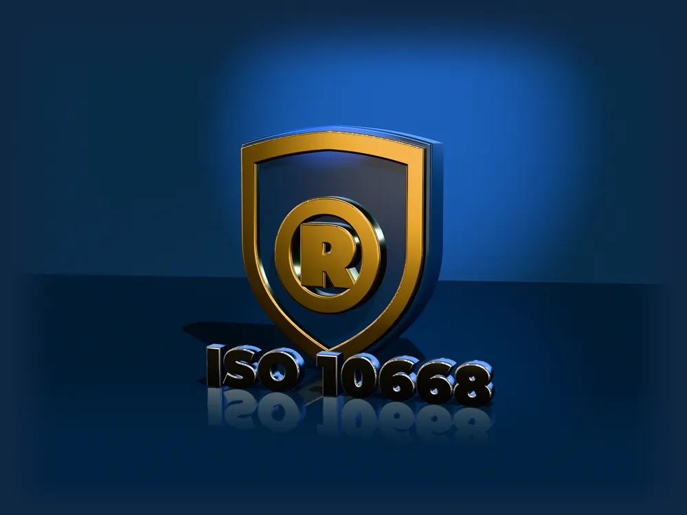 Escudo azul con el símbolo de marca registrada en oro y las letras ISO 10668 en 3D