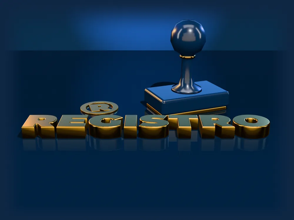 Sello de registro y la palabra REGISTRO en letras doradas en 3D